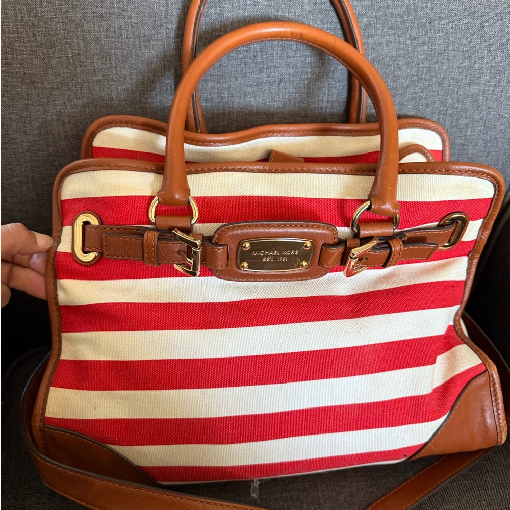 Michael Kors Red and Cream Striped Satchel
